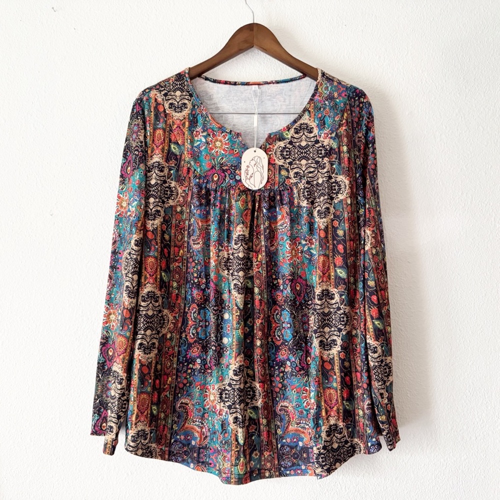 Bohemian Paisley Floral Print Henley Tunic Blouse Plus Size XXL NWT - Picture 2 of 14